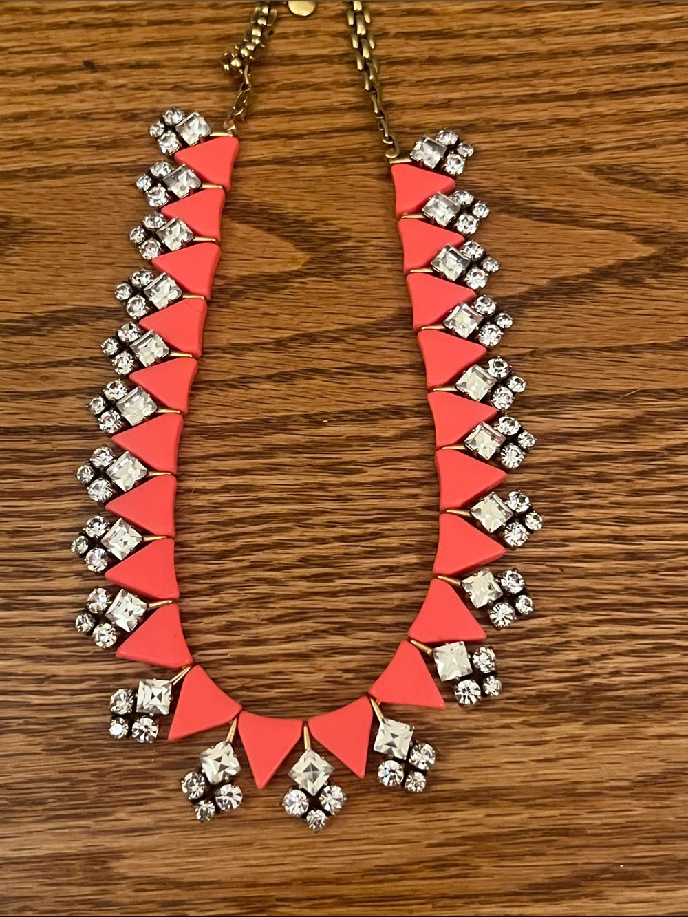 J. Crew Rhinestone & Coral Pink Acrylic Triangle Gold Tone Adjustable Necklace